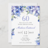 Elegant Blue Floral 60. Geburtstag Einladung (Vorderseite)