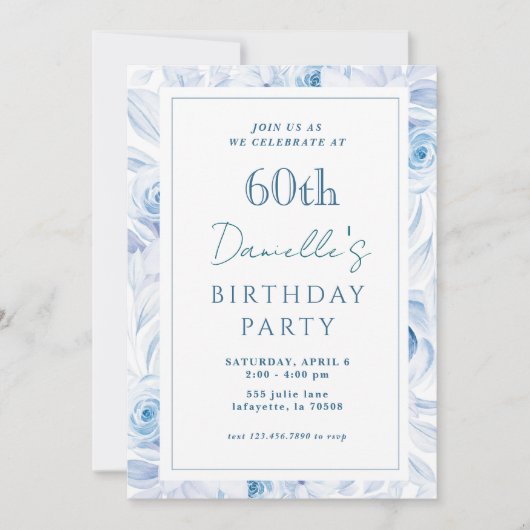 Elegant Blue Floral 60. Geburtstag Einladungen (Vorderseite)