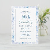 Elegant Blue Floral 60. Geburtstag Einladungen (Stehend Vorderseite)