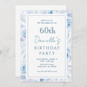 Elegant Blue Floral 60. Geburtstag Einladungen (Vorne/Hinten)