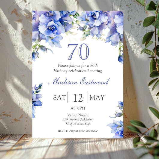 Elegant Blue Floral 70. Geburtstag Einladung