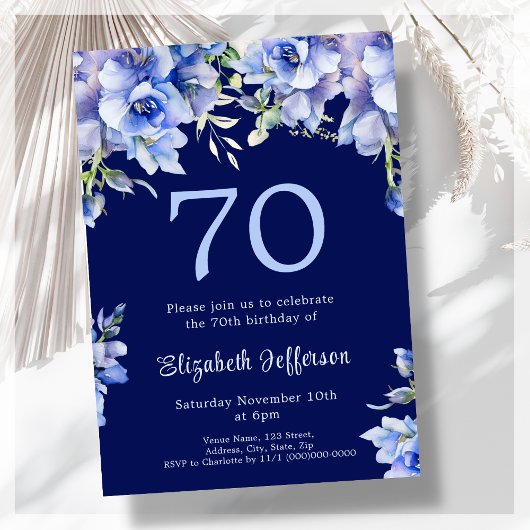 Elegant Blue Floral 70. Geburtstag Einladung