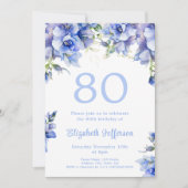 Elegant Blue Floral 80. Geburtstag Einladung (Vorderseite)