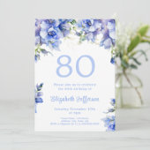 Elegant Blue Floral 80. Geburtstag Einladung (Stehend Vorderseite)