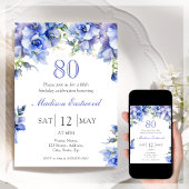 Elegant Blue Floral 80. Geburtstag Einladung