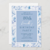 Elegant Blue Floral 80. Geburtstag Einladungen (Vorne/Hinten)