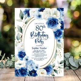 Elegant Blue Floral 80. Geburtstagsparty Einladung