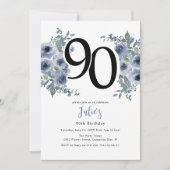 Elegant Blue Floral 90. Geburtstag Einladung (Vorderseite)