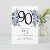 Elegant Blue Floral 90. Geburtstag Einladung (Stehend Vorderseite)