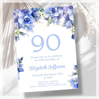 Elegant Blue Floral 90. Geburtstag Einladung