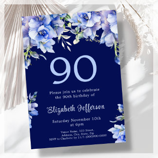 Elegant Blue Floral 90. Geburtstag Einladung