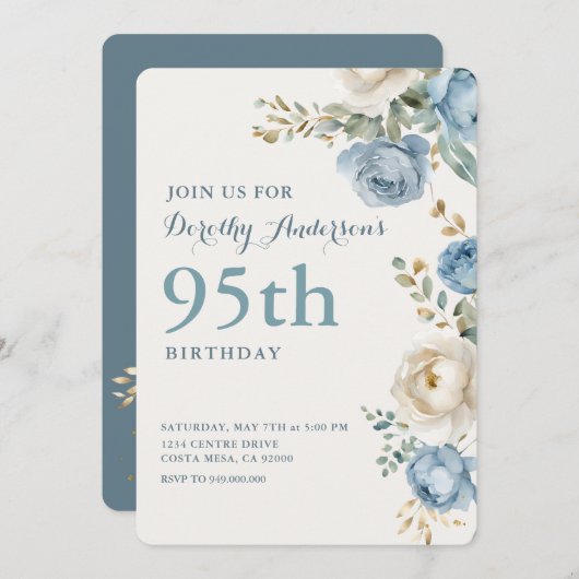 Elegant Blue Floral 95. BIrthday Party Einladung (Vorne/Hinten)