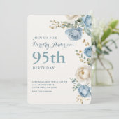 Elegant Blue Floral 95. BIrthday Party Einladung (Stehend Vorderseite)