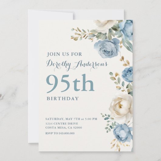Elegant Blue Floral 95. BIrthday Party Einladung (Vorderseite)