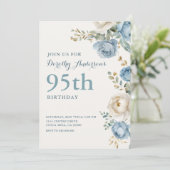 Elegant Blue Floral 95. BIrthday Party Einladung (Stehend Vorderseite)