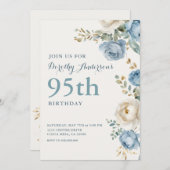 Elegant Blue Floral 95. BIrthday Party Einladung (Vorne/Hinten)