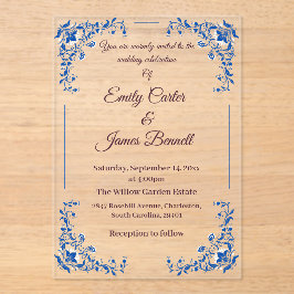 Elegant Blue Floral Acrylic Wedding Einladung