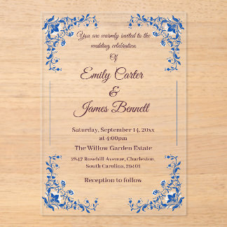 Elegant Blue Floral Acrylic Wedding Einladung