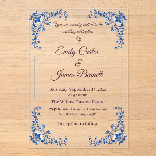 Elegant Blue Floral Acrylic Wedding Einladung (Vorderseite)