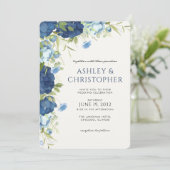 Elegant Blue Floral All-in-One Hochzeit Einladung (Stehend Vorderseite)