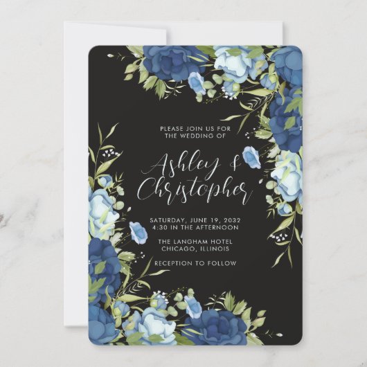 Elegant Blue Floral All-in-One Hochzeit Einladung (Vorderseite)
