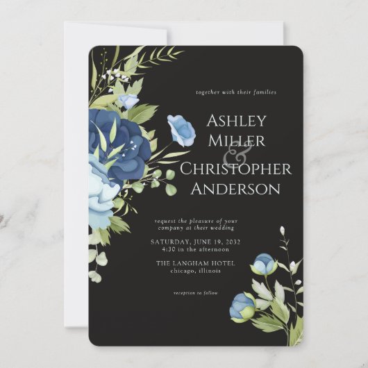 Elegant Blue Floral All-in-One Hochzeit Einladung (Vorderseite)