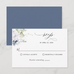 Elegant Blue Floral and Greenerity Wedding RSVP Karte