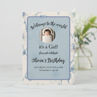 Elegant blue floral baby announcement einladung