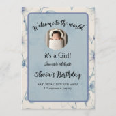 Elegant blue floral baby announcement einladung (Vorderseite)