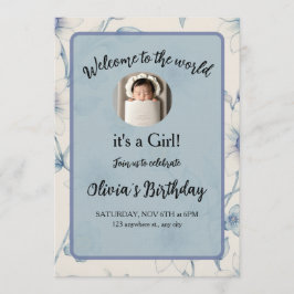 Elegant blue floral baby announcement einladung