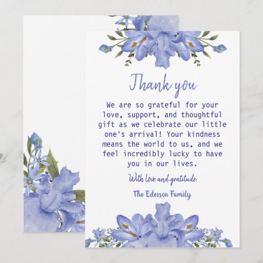 Elegant Blue Floral Baby Shower Danke Karte (Vorne/Hinten)