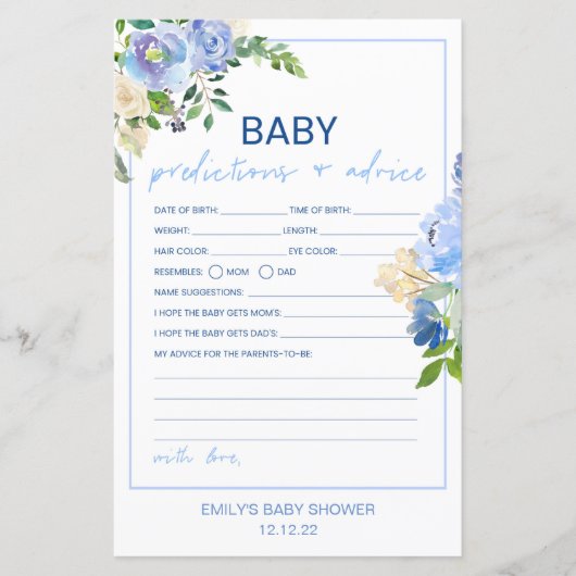 Elegant Blue Floral Baby Shower Game Printed, Boy (Vorderseite)