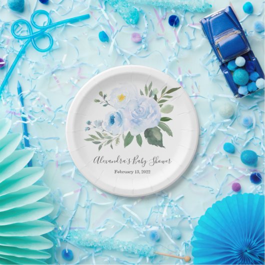 Elegant Blue Floral Baby Shower Plate Pappteller (Party)