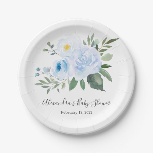 Elegant Blue Floral Baby Shower Plate Pappteller (Vorderseite)