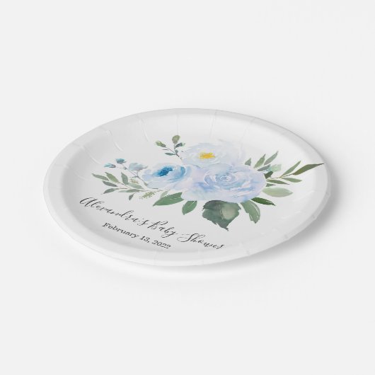 Elegant Blue Floral Baby Shower Plate Pappteller (Schrägansicht)