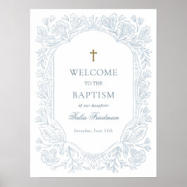 Elegant Blue Floral Baptism Welcome Poster