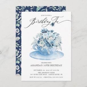 Elegant Blue Floral Birthday Tee Einladung