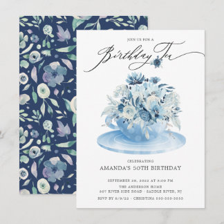 Elegant Blue Floral Birthday Tee Einladung