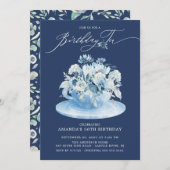Elegant Blue Floral Birthday Tee Einladung (Vorne/Hinten)
