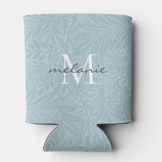 Elegant Blue Floral Botanical Script Monogram Dosenkühler (Rückseite)