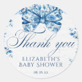 Elegant Blue Floral Bow Calligraphy Vielen Dank Runder Aufkleber (Vorderseite)