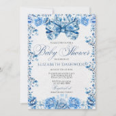 Elegant Blue Floral Bow Chic Toile Baby Shower Einladung (Vorderseite)