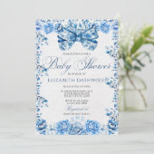 Elegant Blue Floral Bow Chic Toile Baby Shower Einladung (Stehend Vorderseite)