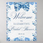 Elegant Blue Floral Bow Toile Calligraphy Willkomm Poster (Vorne)