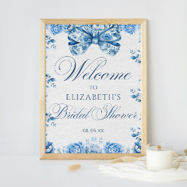 Elegant Blue Floral Bow Toile Calligraphy Willkomm Poster