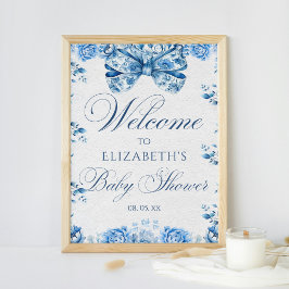 Elegant Blue Floral Bow Toile Calligraphy Willkomm Poster