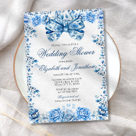 Elegant Blue Floral Bow Wedding Couples Dusche Einladung
