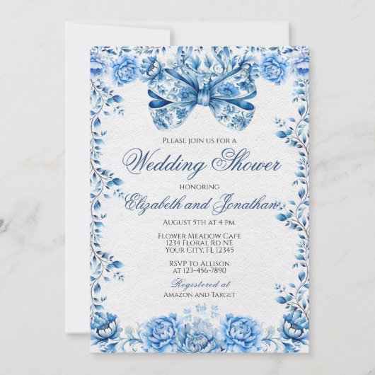 Elegant Blue Floral Bow Wedding Couples Dusche Einladung (Vorderseite)