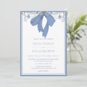 Elegant Blue Floral Bow Wedding Einladung (Stehend Vorderseite)