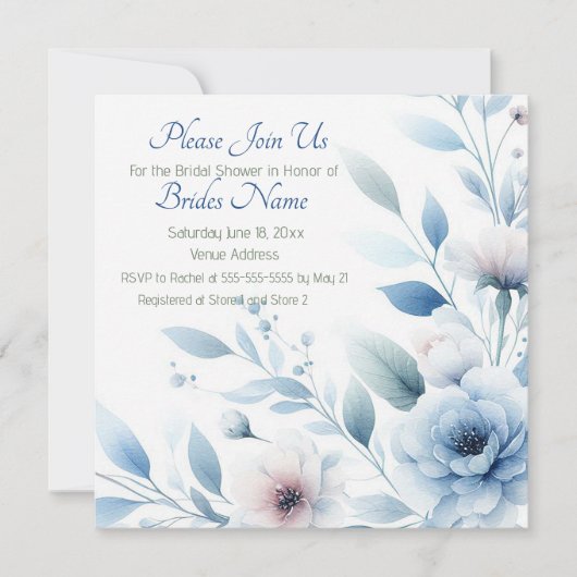Elegant Blue Floral Bridal Shower Einladung (Vorderseite)